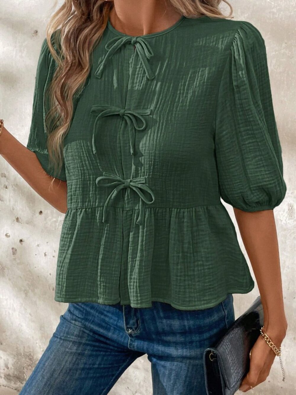 Green Casual Women's Bow Tie Front Ruffle Hem Puff Sleeve Blouse - Picture 4 of 5